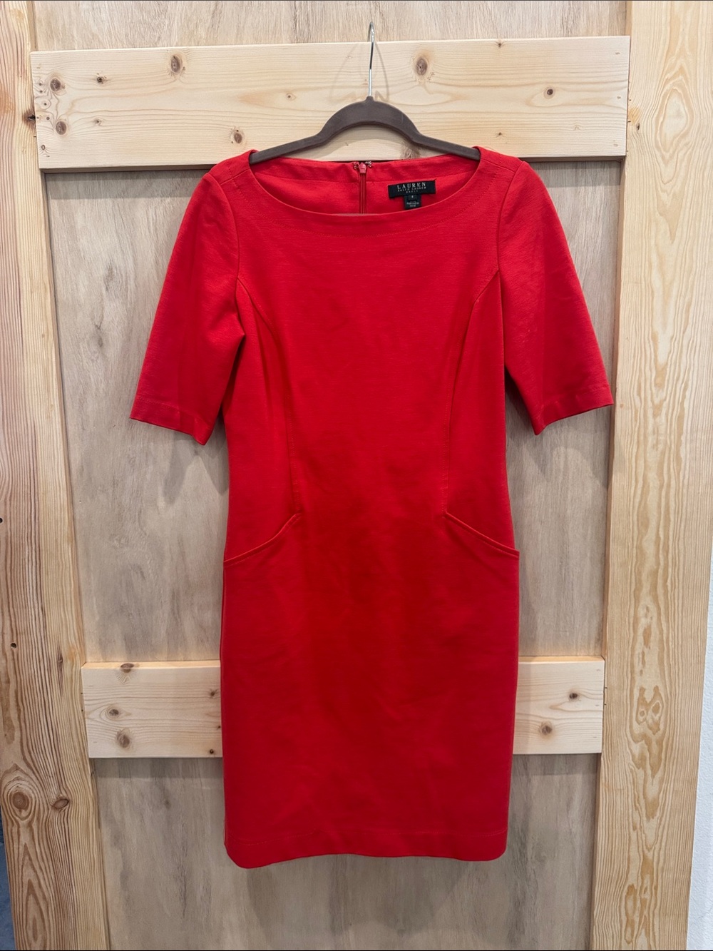 Ralph Lauren Red Ponte Midi Sheath Dress with Elbow Sleeves